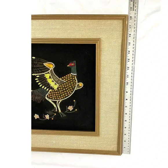 VTG Pheasant Bird Black Velvet Felt Beaded Rhinestones Art Wooden Frame MCM - Picture 13 of 16